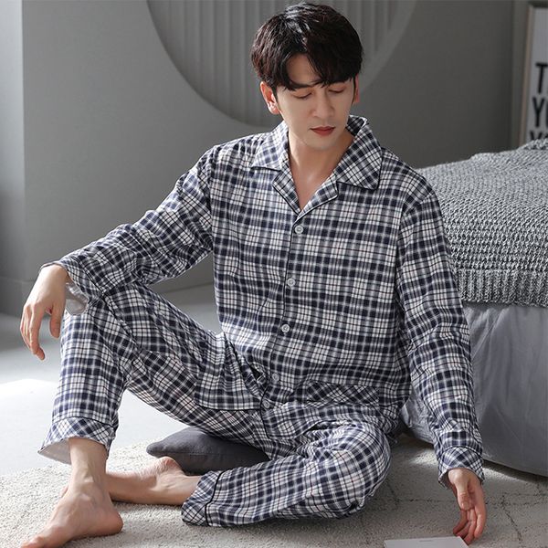 Erkekler Men Pamuk Pazen Pijamaları Set Uzun Kollu Üst Ekose Dipler Placow Guse Guary Gece Giyme Sonbahar Pamuk Pijama Erkekler için 230320