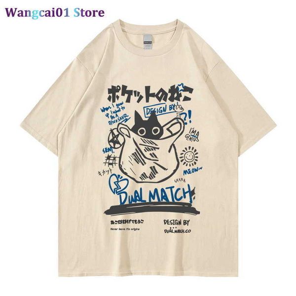 Wangcai01 Diy camiseta de hip-shirt masculino masswear japonês kanji gato engraçado camiseta impressa 2022 homens harajuku algodão casual curto seve tamas de camisetas 0320h23