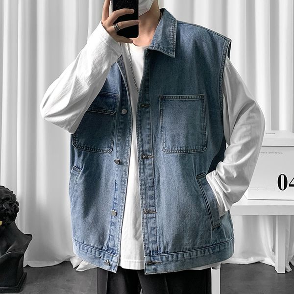 Gilet da uomo Gilet di jeans da uomo Giacca senza maniche Moda casual Oversize Classico Blu Grigio Gilet Jean Capispalla Vintage Coreano Cappotti Top 230320