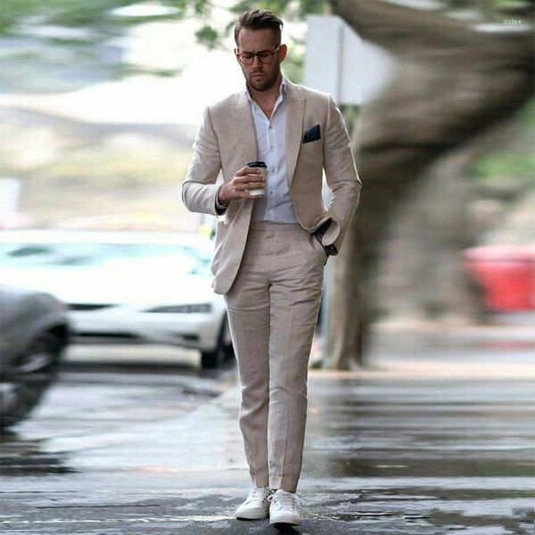 Herrenanzüge 2023 Leinen Sommer Strand Hochzeit Slim Fit Männer Bräutigam Spitzen Revers Bräutigam Kostüm Homme 2 Stück (Jacke Hose)