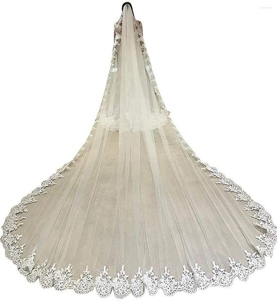 Свадебные вуали длиной 4 метра кружевные аппликации Свадебная вуаль белая слоновая кость собор 1 Tiersbridal Accessories