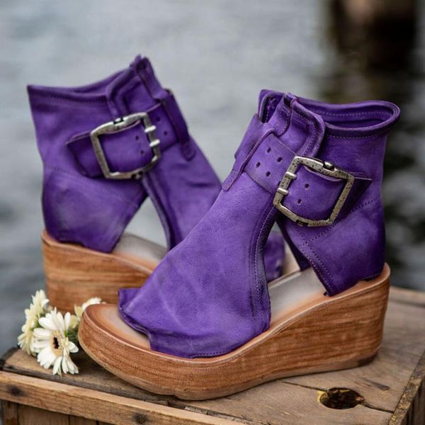 Sandálias cunhas de verão Sapatos femininos Retro Peep Toe Plataforma PU Zipper de fundo grosso Ladies 2023