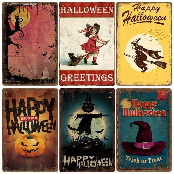 Happy Halloween Poster Sinais de lata vintage Truque de festa zumbi ou tratamento de abóbora placa de metal decoração de parede retro para barra de café pub 30x20cm w03