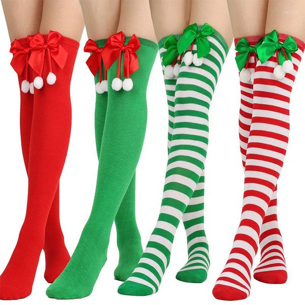 Mulheres meias meias listradas de Natal sobre o joelho Longo Green Green Sking Bowknot Girls High