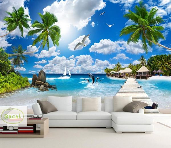 Wallpapers Bacal Benutzerdefinierte 3D-Po-Tapete Balkon Sandstrand Meerblick 5D Wohnzimmer Sofa TV Hintergrund Wandgemälde Wohnkultur