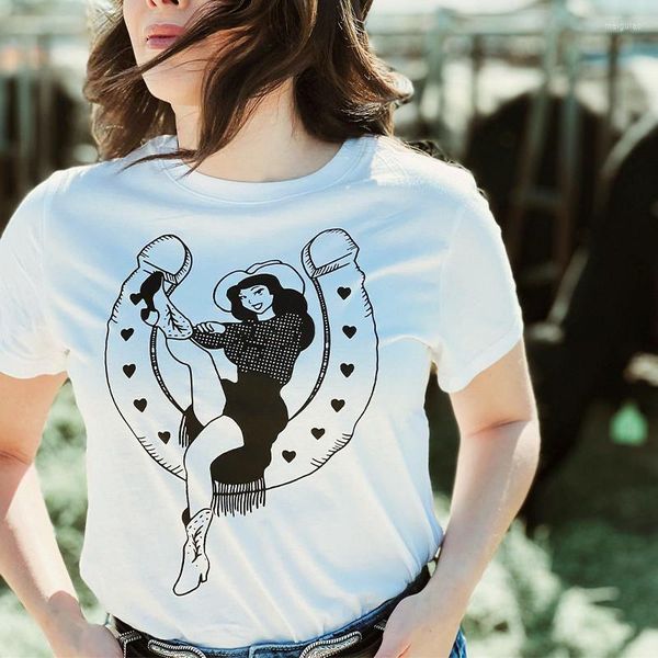 Magliette da donna anni '80 anni '90 stile vintage Cowgirl stampato bianco per donna manica corta in cotone casual top T-shirt moda occidentale