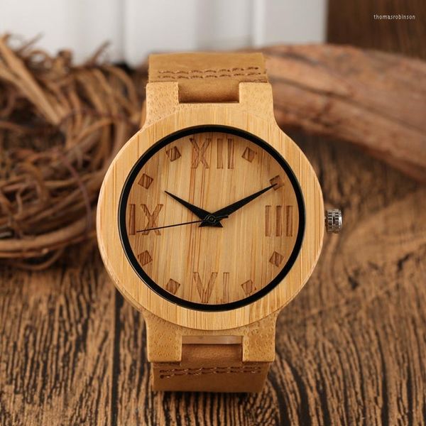 Armbanduhren Kreative Naturholzuhr Herren Römische Zahl Verlangen Zifferblatt Quarz Woody Geschenk Echtes Lederband Armbanduhr Reloj Hombre