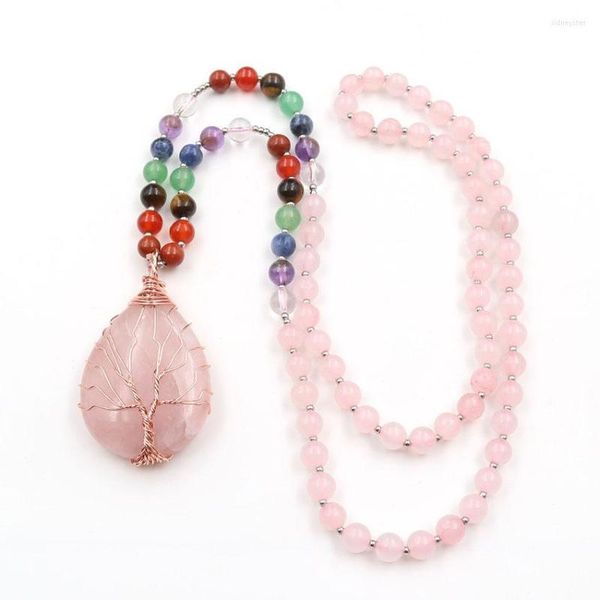 Collane con ciondolo Goccia d'acqua Colore oro rosa Filo avvolgente Quarzo rosa Collana a catena con perle lunghe Gioielli in pietra labradorite