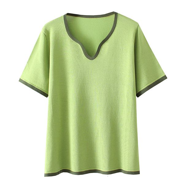Женская футболка плюс размер футболка для женской одежды. Мода повседневная ледяная шелк вязаные топы персикового воротника.