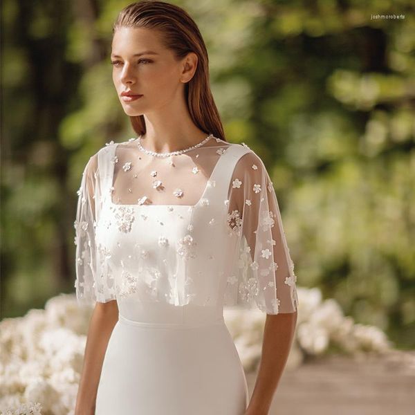 Envolve capa de noiva elegante com miçangas 3D Floral Apliqued Lace Casamento Casado Made Made Bide Bolero Wrap Jaqueta