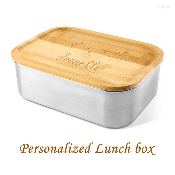 Geschirr-Sets, personalisierte Lunchbox, 304 Edelstahl, gravierter japanischer Stil, Bento-Bambus-Abdeckung, Holzdeckel, Behälter, tragbar