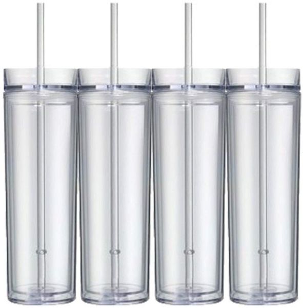 Su Şişeleri 4 Pack Skinny Akrilik Tumbler Kapak ve Samanlı 16 oz Çift Duvar Temiz Plastik Tumbler Samanlı Yeniden Kullanılabilir Akrilik Kupa 230320