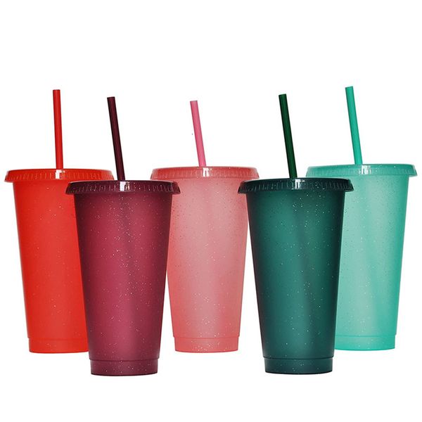 Wasserflaschen, 5er-Pack Trinkbecher mit Strohhalm und Deckel, 24oz/16oz Wasserflasche, BPA-frei, eisgekühlter Reisebecher, wiederverwendbare Plastikbecher für Partys, Geburtstage 230320