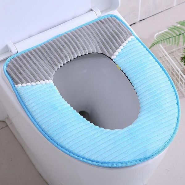 Coprisedile WC Winter Home Caldo Velluto a Coste Strisce Fibbia Appiccicosa Set Impermeabile Cuscino Ispessito (Blu Cielo)