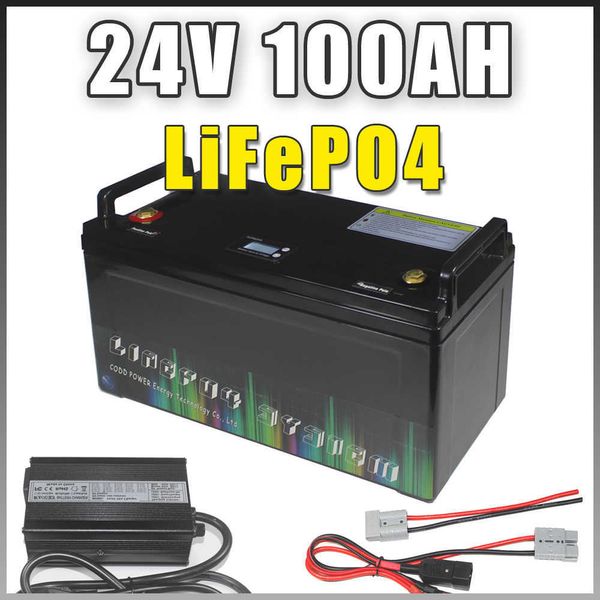 24V 100AH LiFePO4 Batterie 4000 Zeitzyklus 100A BMS 10A Ladegerät LCD Wasserdicht Solar RV Home Storage Boot