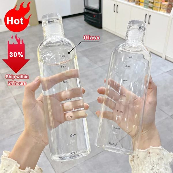 Wasserflaschen 750 ml Glasflasche mit großer Kapazität und Zeitmarkierungsabdeckung für Getränke, transparent, Milchsaft, einfache Tasse, Geburtstagsgeschenk 230320