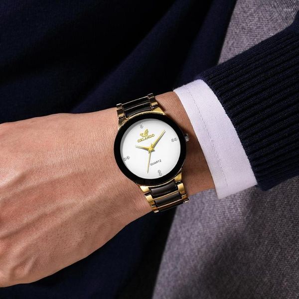 Relógios de pulso Luxunhão Black Gold Fashion Business Watches Men Super Slim Stainless Steel Quartz Watch WatchWrist 2023 Presentes