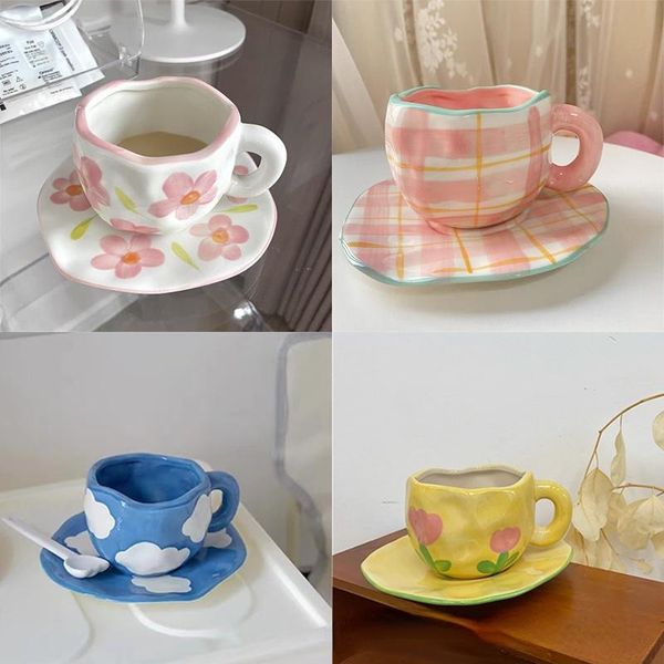 Canecas Creative Retro Tulip Plaid Copele Copo Milk Milk Set Breakfast Breaking Korean Tarde Tea Cupmisgs