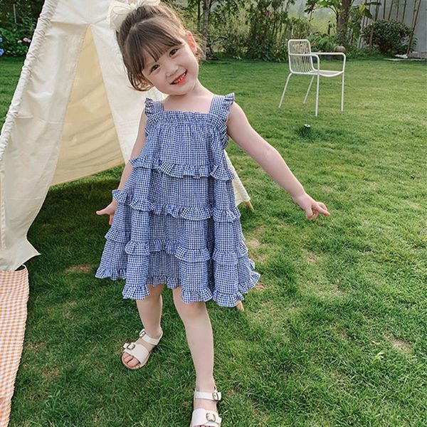 Mädchen Kleider Sommer Mädchen Kleid Kinder Kleidung Kleinkind Baby Kinder Hosenträger Plaid Weste Kleid Spitze nähte Kuchen Prinzessin Kleid 230320