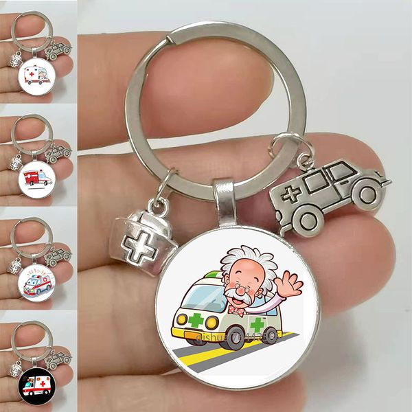 Chave de liga de zinco New Ambulance Medicine Box Jewelry Keychain Pingente de vidro Doctor Keychain Nurse de graduação de lembrança