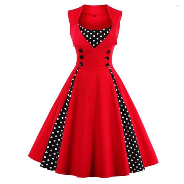 Sıradan Elbiseler Kadın 5xl 50s 60s Retro Vintage Elbise Polka Dot Patchwork kolsuz Bahar Yaz Kırmızı Rockabilly Swing Party