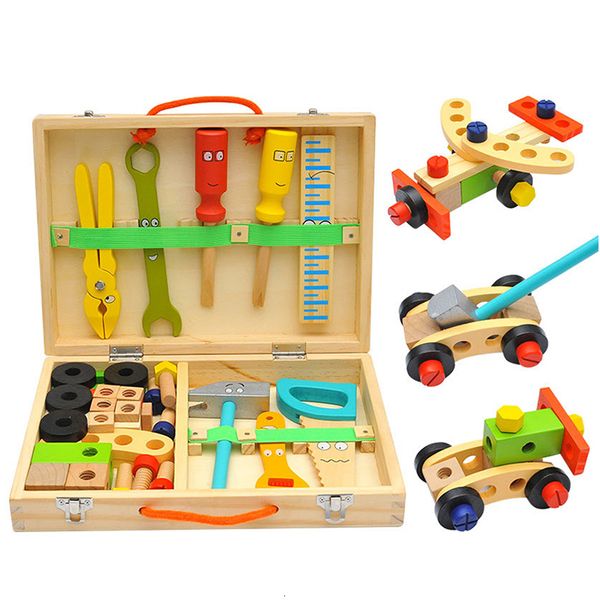 Tools Workshop Kids Ahşap Araç Kutusu Pretend Play Set Educational Montessori Oyuncaklar Solun Sökme Vidalı Montaj Simülasyonu Onarım Carpenter Aracı 230320