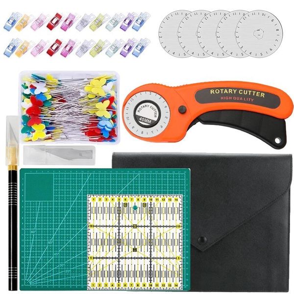 Tappetino da taglio Nonvor 95Pcs 45mm Rotary Cutter Kit con 5 pezzi Lame Patchwork Righello Coltello da intaglio Clip da cucire per tessuto 230320