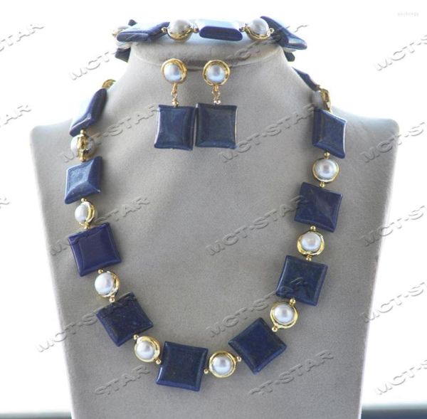 Anhänger Halsketten Z12472 Set 20 mm blaue quadratische Münze Lapislazuli Perlenkette Armband Ohrring