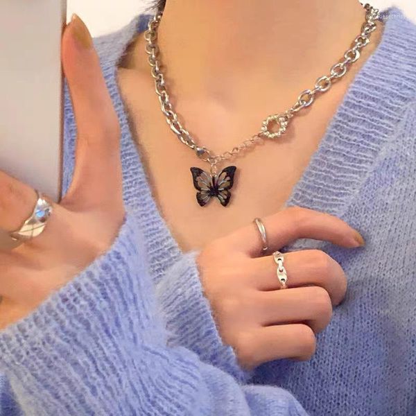 Catene Temperamento Collana in acciaio al titanio con pendente a lettera a farfalla placcata argento per catena maglione clavicola hip-hop da donna