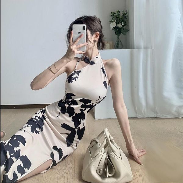 Этническая одежда ретро-элегантная тонкая юбка для бедра 2023 Лето в средней длине платье Cheongsam Вечерние повседневные женские платья сексуальные китайские стиль