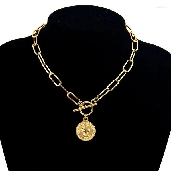 Anhänger Halsketten Damen Münze Halskette Gold Farbe Metall Medaillon Elizabeth Für Frauen Chunky Chain OT Toggle Choker