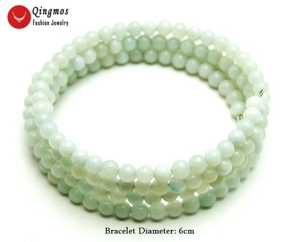 Strand Qingmos Trendy Natural Blue Amazonite Bracelets para mulheres com jóias de pulseira de arame redonda de 4-5 mm de aço 28 '' BR445 Fios com miçangas