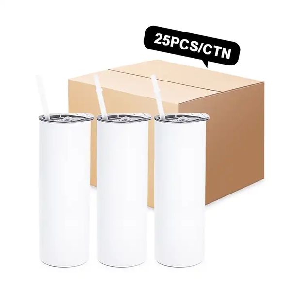 Canecas de armazém dos eua 25 pçs/caixa 20 onças em branco branco canecas de sublimação garrafa de água drinkware copos de aço inoxidável com palha de plástico e tampa tt0320