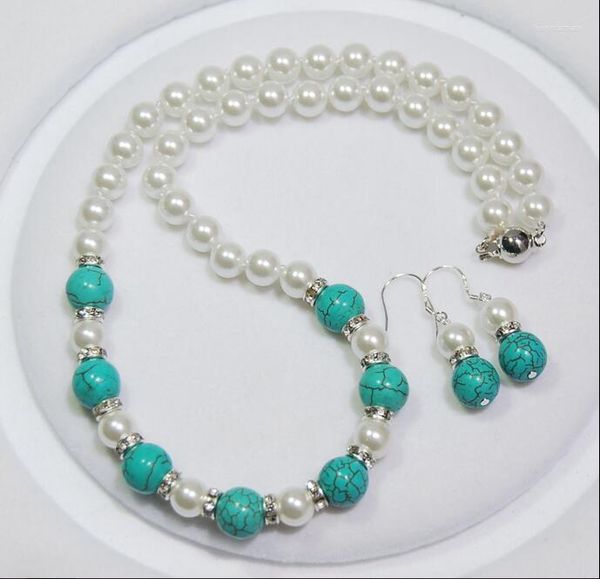 Halskette-Ohrringe-Set für Damen, 10 mm, hellblauer Stein, 8 mm weiße Perle, gemischt mit echter natürlicher Südsee-Muschelperle, baumelnder Haken-Ohrring