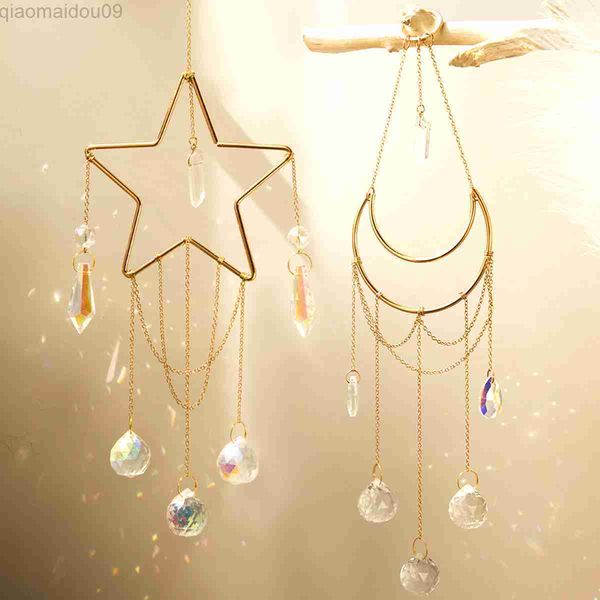 Decorações de jardim Garden Garden Suncatcher Gold Metal Moon Star Suuncatchers Prism Ball Ball Cryatal Sun Catcher Wind Chime Rainbow Market for Window Home Deco AA230320