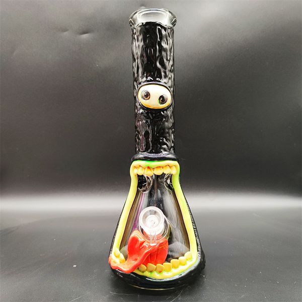 35CM 14 pollici Handy Bong Bong in vetro Pipa ad acqua 3D Nero Cyclone Monster 9MM Spessore Puffo rosso Bong in vetro Becher spesso Fumatori Bubbler Dab Rig