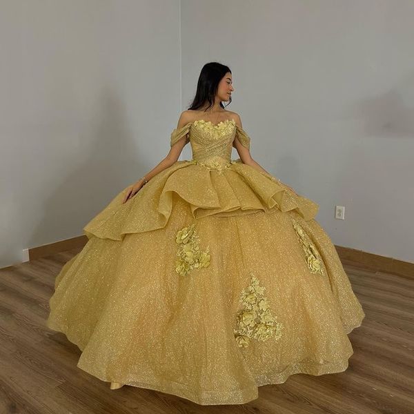 Gold glänzende Pailletten-Quinceanera-Kleider, schulterfrei, 3D-Blumenapplikationen, Spitzenkorsett für süße 15-Mädchen-Partykleider