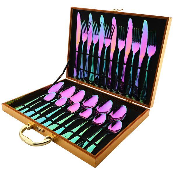 Set di stoviglie Arcobaleno Stoviglie Acciaio inossidabile 24 pezzi Coltello Forchetta Cucchiaio da caffè Posate Posate per cena occidentale Confezione regalo 230320