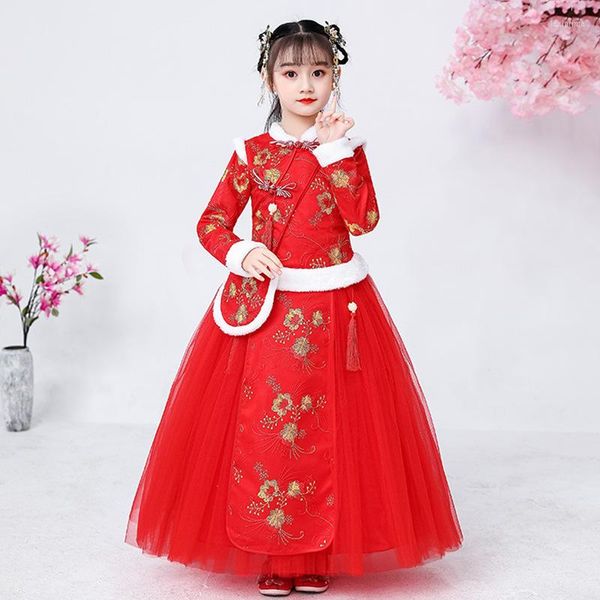 Ethnische Kleidung Herbst und Winter Mädchen Cheongsam altes chinesisches Muster Plüsch Tang Jahreskleid Stickerei Blume