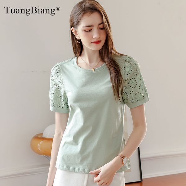 Женская футболка Tuangbiang Summer Lace Hollow Out Out Out Cothleve Cotton Forts Женская женская повседневная одежда Классическая O-выстрела