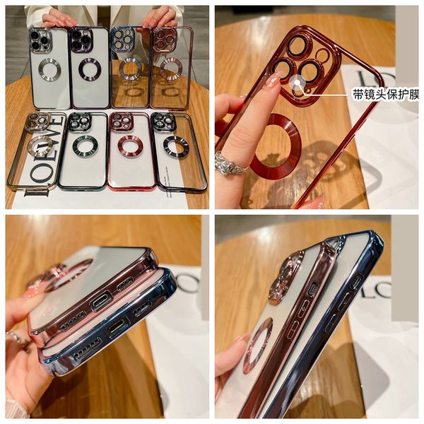 Custodie di lusso placcate Shinny per Iphone 15 14 Plus 13 Pro Max 12 11 X XR 8 7 Fashion Bling CD Grain Chrome Soft TPU Protezioni per obiettivi della fotocamera Cover per telefono con foro sottile metallico trasparente