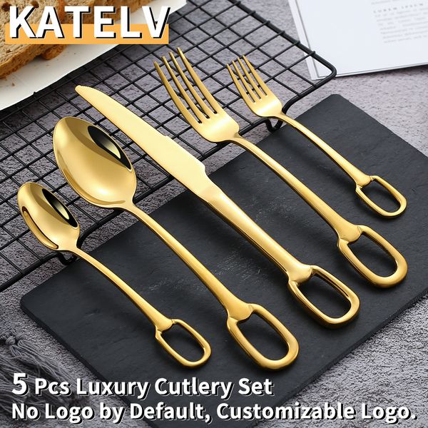 Conjuntos de utensílios de jantar 5pcs de luxo de tabela de tabela de aço de aço de aço de aço de talheres elegantes design de design elegante personalizável 230320