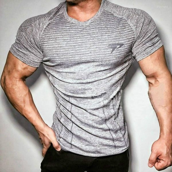 T-shirt da uomo T-shirt da uomo Slim Fit T-shirt fitness stampate T-shirt a compressione Top Bodybuilding Allenamento O-Collo Manica corta Uomo