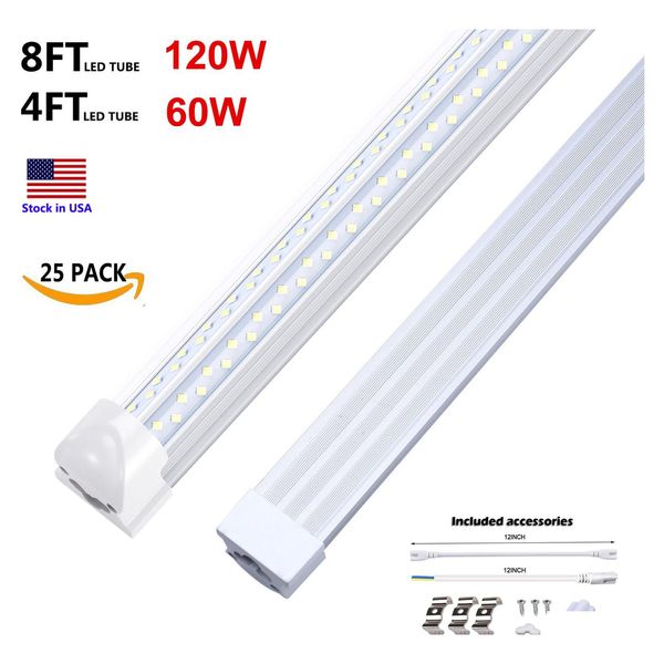 Tubos de LEDs Luz ligável Luz de 4 pés 8 pés 120W Lado duplo 4 linhas luzes de tubo VShaped Integrated BB Fixtures Warehouse Gargae Lampo