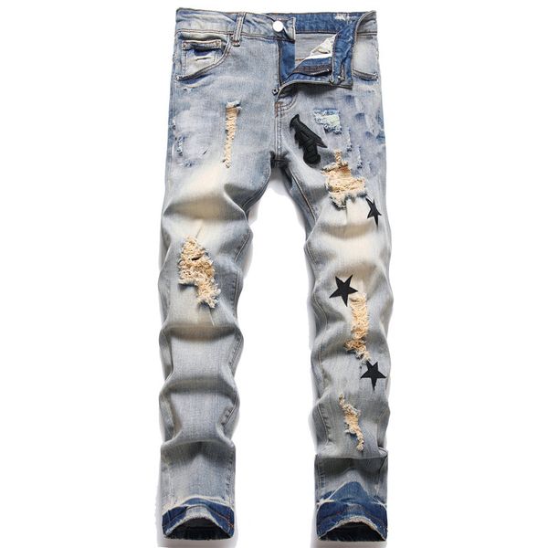 Jeans de jeans jeans jeans de luxo para homens bordados de letra de letra de retalhos de retalhos de tendência Motocicleta Motocicle