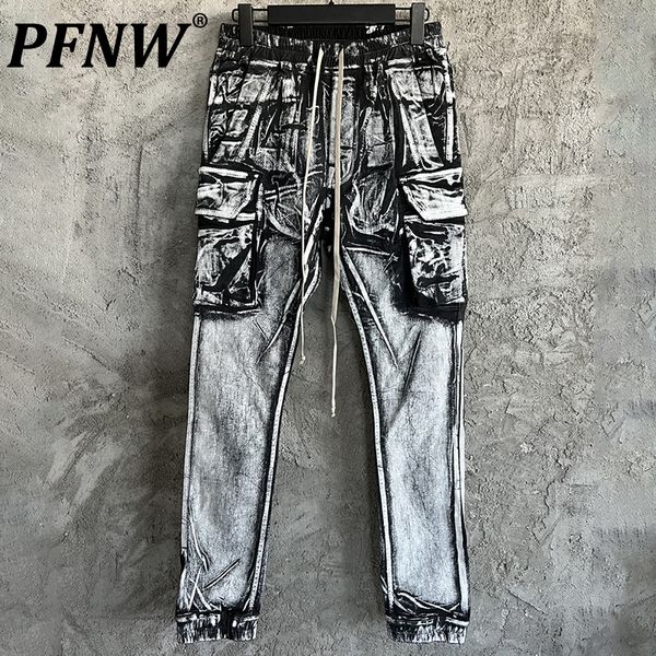 Jeans da uomo PFNW Autunno Inverno Vintage High Street Cerniere Denim Pantaloni Slim Tasche stile design di nicchia scuro Casual 12A6379 230320