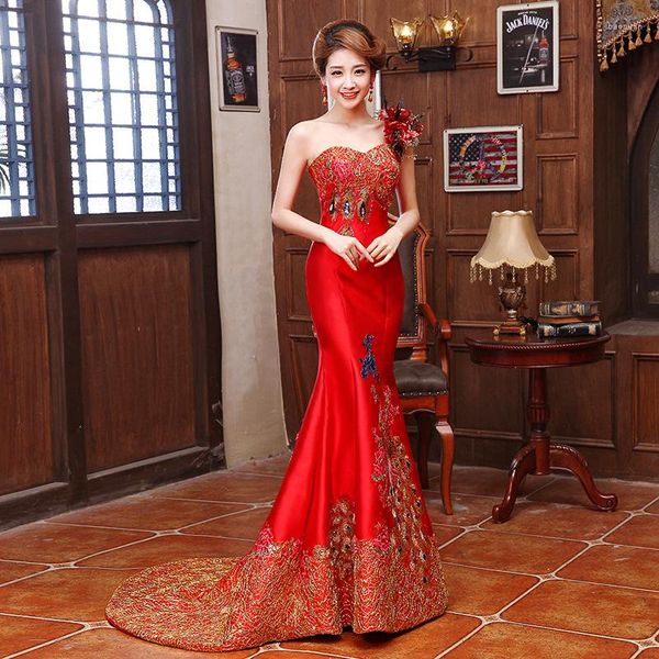 Roupas étnicas Moda Bordado Qipao Vestido Mulheres Chinesas Tradicional Cheongsams Vestido de noite Vestido Vermelho Casamento da noiva S M L XL XXL