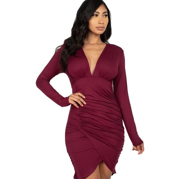 Casual Kleider 2023 Herbst Einfarbig Plissee V-ausschnitt Sexy Damen Drapierte Langarm Dünnes Kleid Nachtclub Party Tragen Elegante bodycon