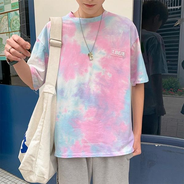 Мужские рубашки T Harajuku Tie-Dye All-Match Summer Novely Print Print Thirt Hight Street Pellover Kpop Gradient 2023 Pink