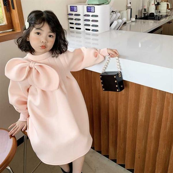Vestidos da menina meninas vestido de inverno manga longa cor rosa design exclusivo vestido de princesa com arco crianças vestido doce roupas para a menina